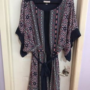 Established 1952 Navy multi print tie waist dress